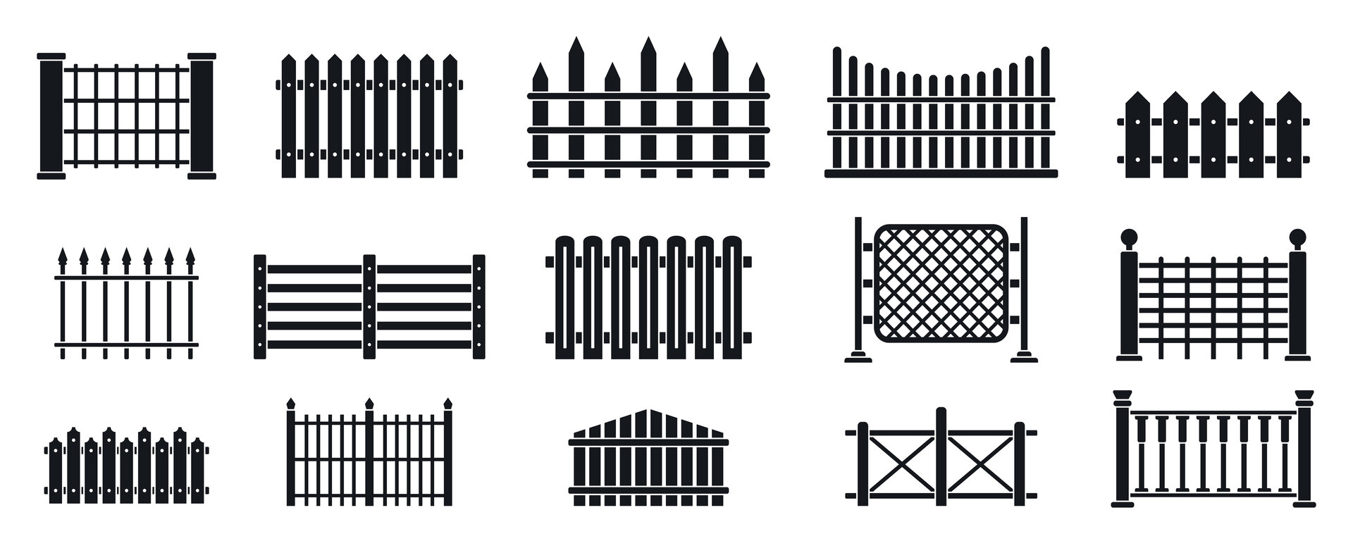 Viele verschiedene Zaunsymbole, schwarzes Design auf weißem Hintergrund.