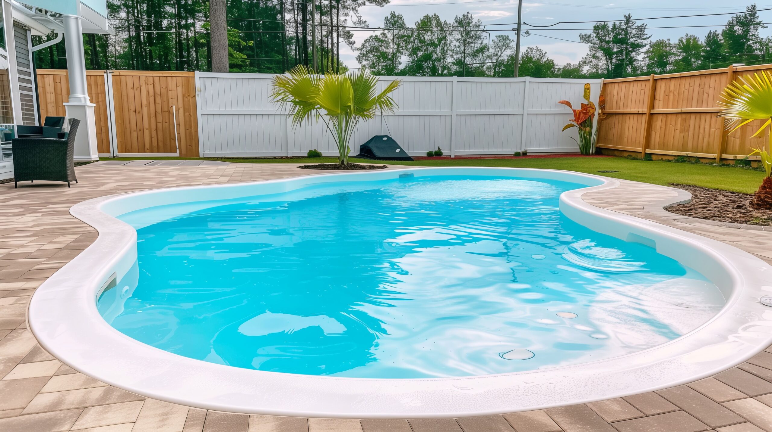 Eingebauter GFK Pool im Garten mit Randsteinen und Technikbereich