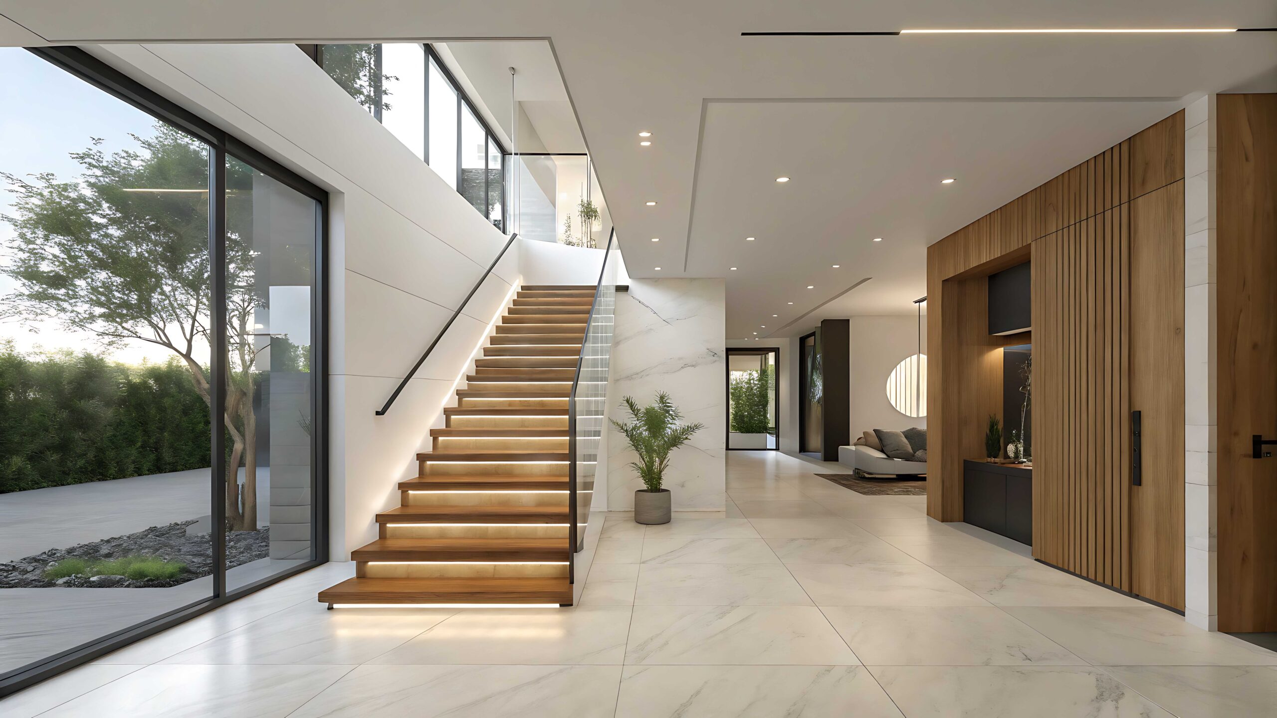 Innenraum eines modernen Hauses mit Treppe und großem Fenster nach draußen