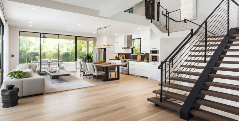 stilvolle, geräumige Küche und Wohnzimmer mit Kühlschrank und Waschmaschine mit Blick auf den gemütlichen Essbereich mit Holzdecke